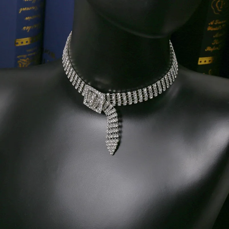 New Trendy Punk Hips Hops Diamond Belt Necklace Women Shining Choker Necklace
