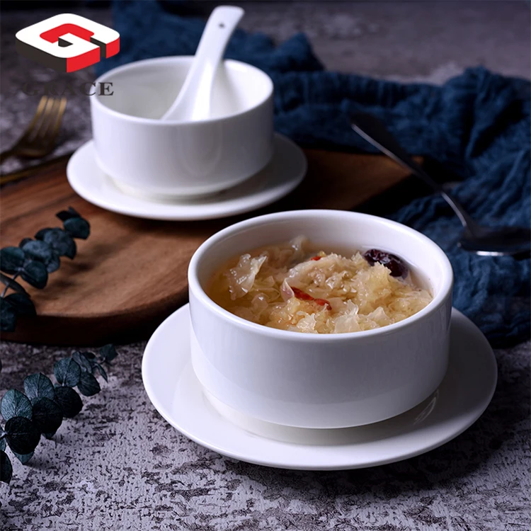 Wholesale double ear ceramic soup bowl set Restaurant supplies porcelain tabalware rice soup bowls for sale