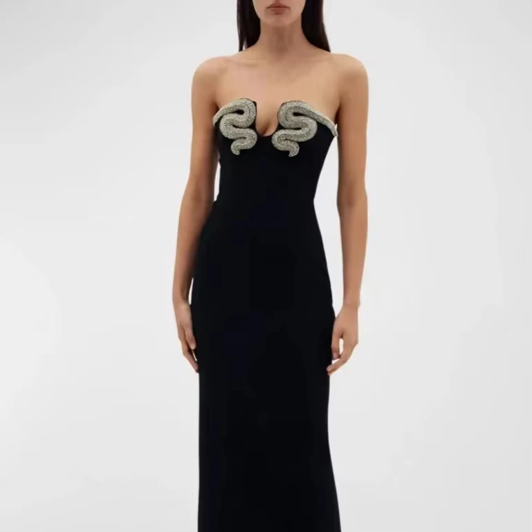 Factory wholesale 2024 New slim black evening dresses bandage dress hot sale rhinestone strapless banquet party dress