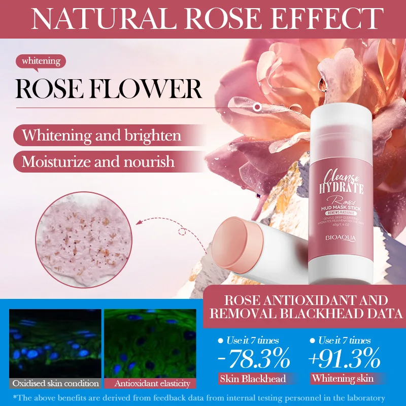 BIOAQUA Organic Clay Mask Stick Pink Rose Face Mud Clay Deep Cleansing Hydrate Facial Mask For Acne Blackhead Large Pores