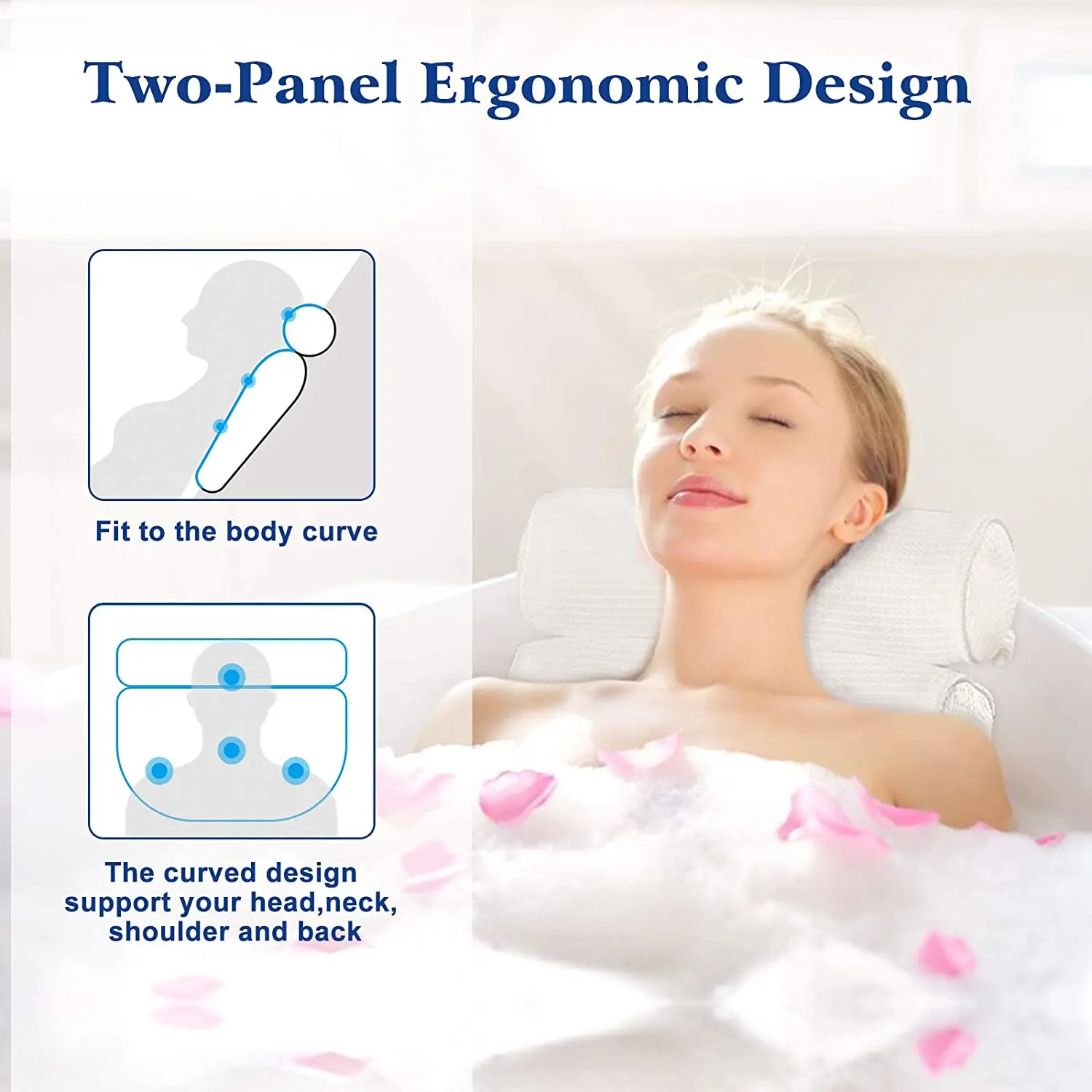 
High Quality Bathtub Pillows with Soft 3D Air Mesh & 6 Large Suction Cups For Shoulder and Back Support 