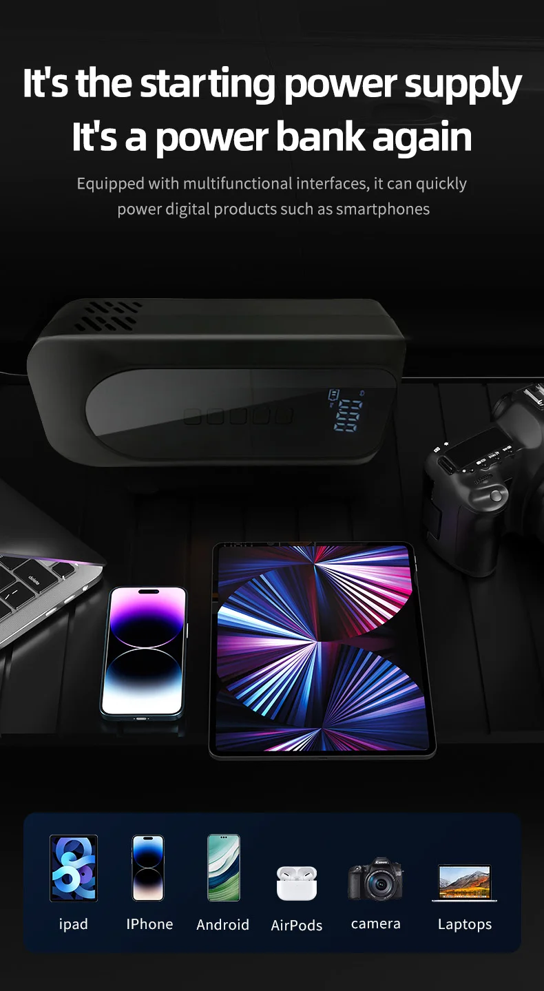 High power 4-in-1 6000mah power bank jump starter booster air pump with flashlight jumper cable