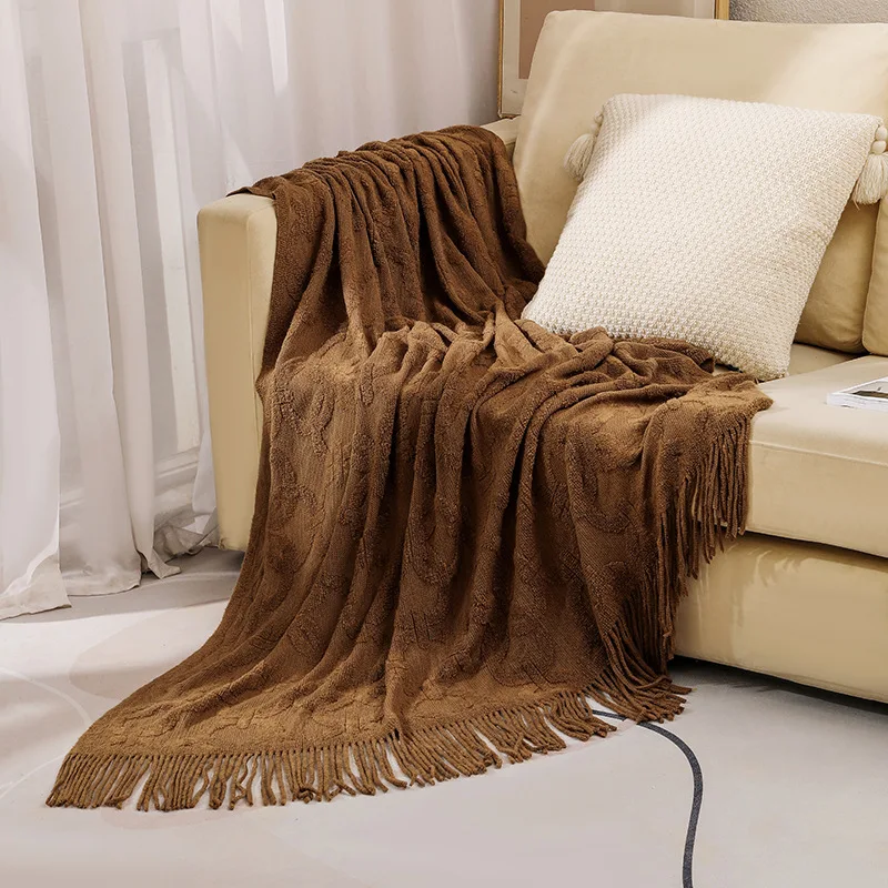 American Style Solid Color Acrylic Jacquard Throw Blanket With Tasseled Edge Soft Warm Decorative Knitting Blanket For Sofa