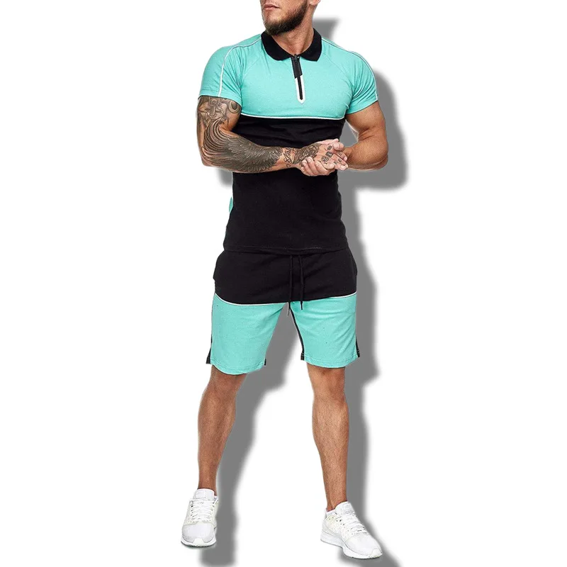 Hellosport Summer Plus Size Streetwear Patchwork Short Joggers Tracksuit Suits Two Piece Shirt And Shorts Sets For Men
