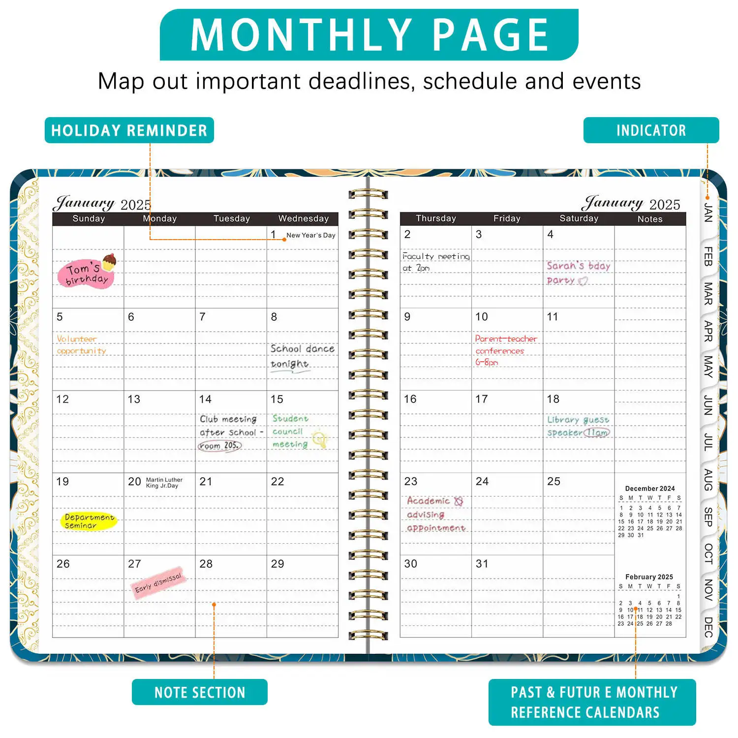 2024 A5 hardcover Calendar notebook workbook Monthly planner Schedule Diary Gold leaf spiral journal School supplies