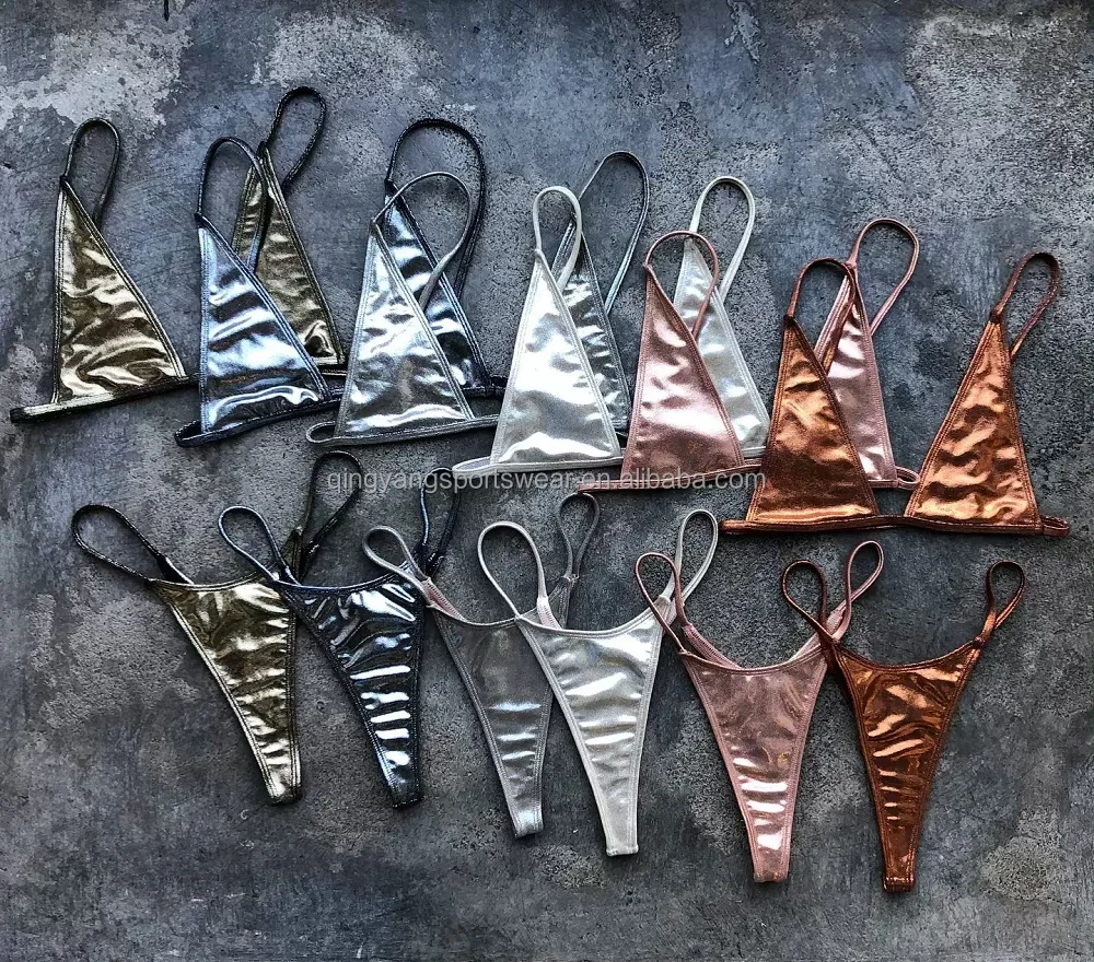 Guangzhou Private Label OEM Custom Swimwear Manufacturer High Quality Metallic Rose Pink Shiny Bikini