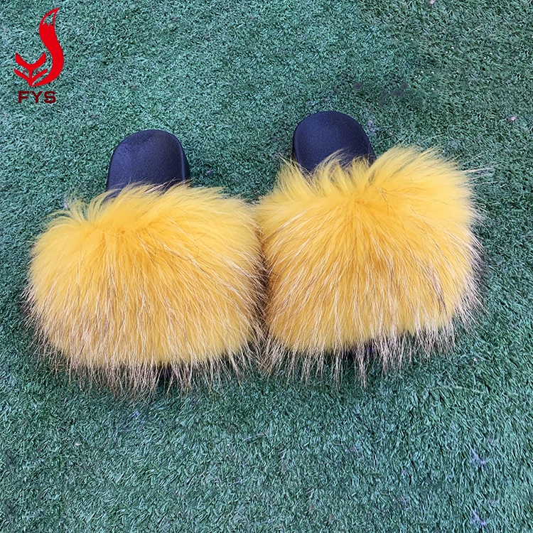 
New designer big fluffy real raccoon fur slippers sandal furry fur slides for women 
