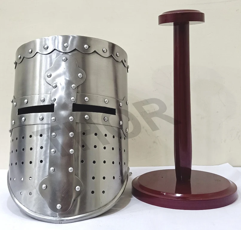 Средневековый Templar Crusader Knight Armor Helmet | Греческий Римский Шлем хромированный полированный средневековый коричневый деревянный