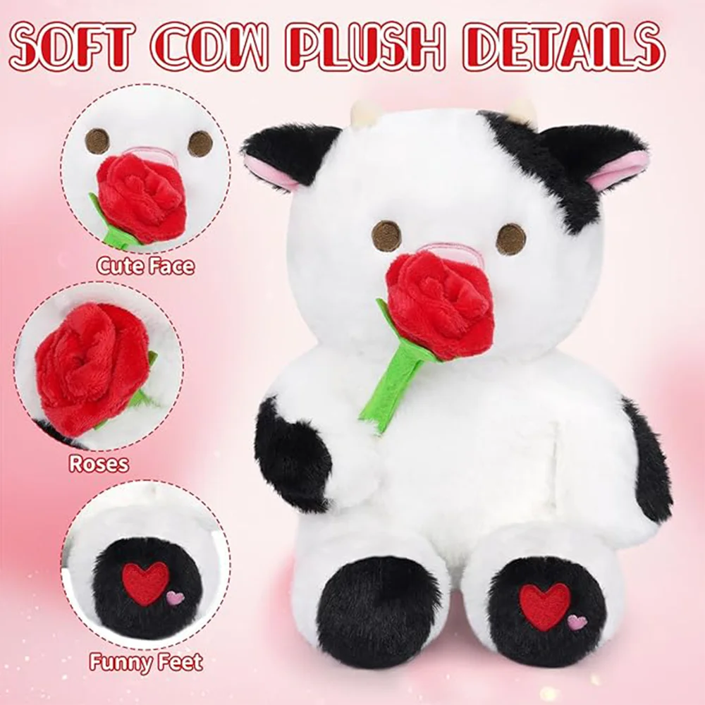 8in Skin-Friendly Cow Stuffed Animals with Red Rose Lovable Elegant Stuffed Cow for Mom Girlfriend