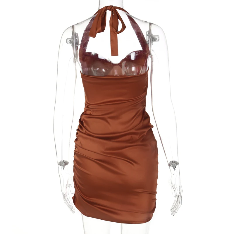 Lagerfe Satin Ruched Bodycon Halter Mini Dress Sexy Party Club Tight Apparel Women 2022 Summer Latest Casual Wholesale Clothes