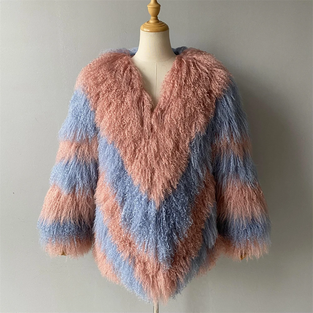 Wholesale Soft Elegant Custom Logo Winter Overcoat Fluffy Thick Warm Luxury Long Real Mongolian Lamb Sheep Skin Fur Coat Women