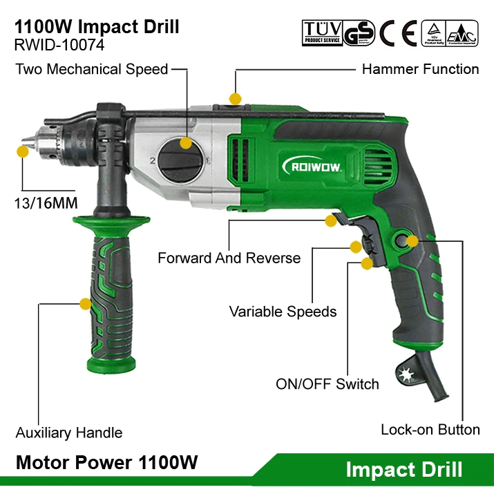 1100W Professional Power Tools 13MM/16MM Electric Impact Drill Variable Speed Power Impact Hammer Drill Machine