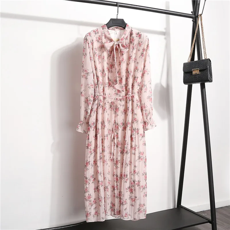 Korea elegant high quality long sleeves floral printed chiffon women dresses OC78