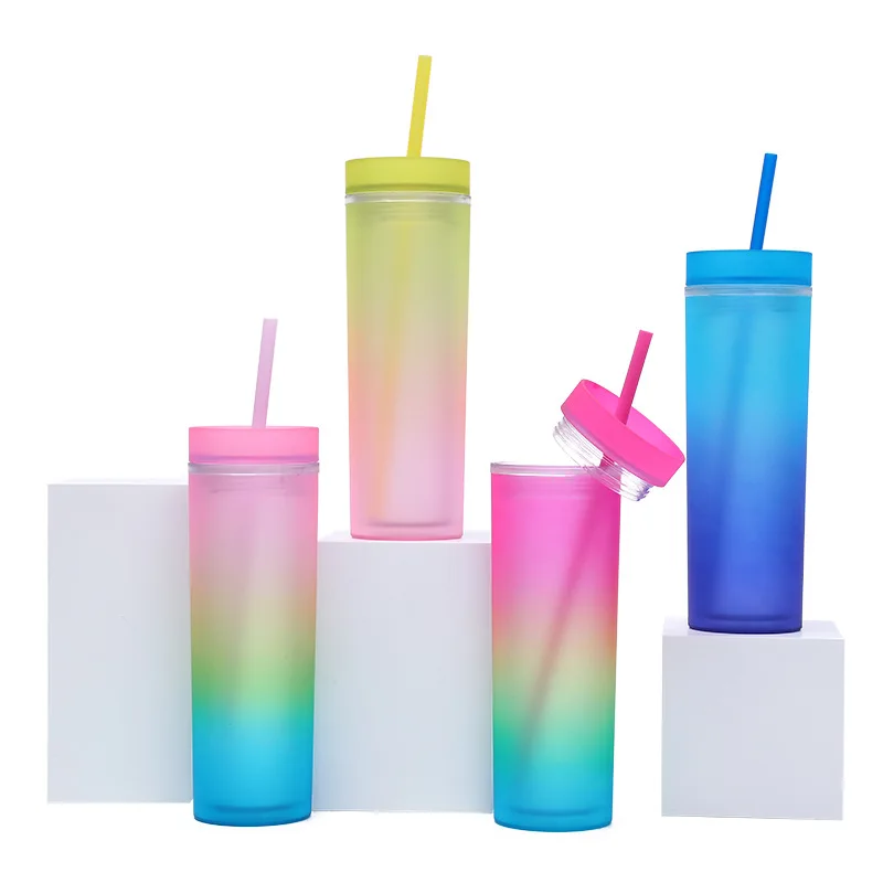 Trending Products 16oz Gradient colors Double Wall Plastic Tumbler with Lid and Straw