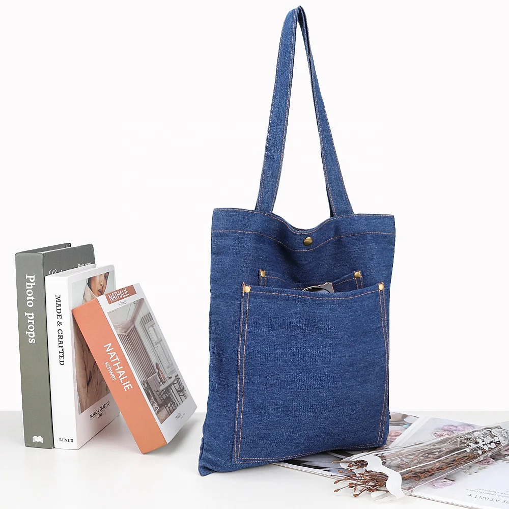 OEM/ODM Navy Blue Casual Jean Tote Bag Canvas Denim Shopping Tote Bag With Custom Printed Logo