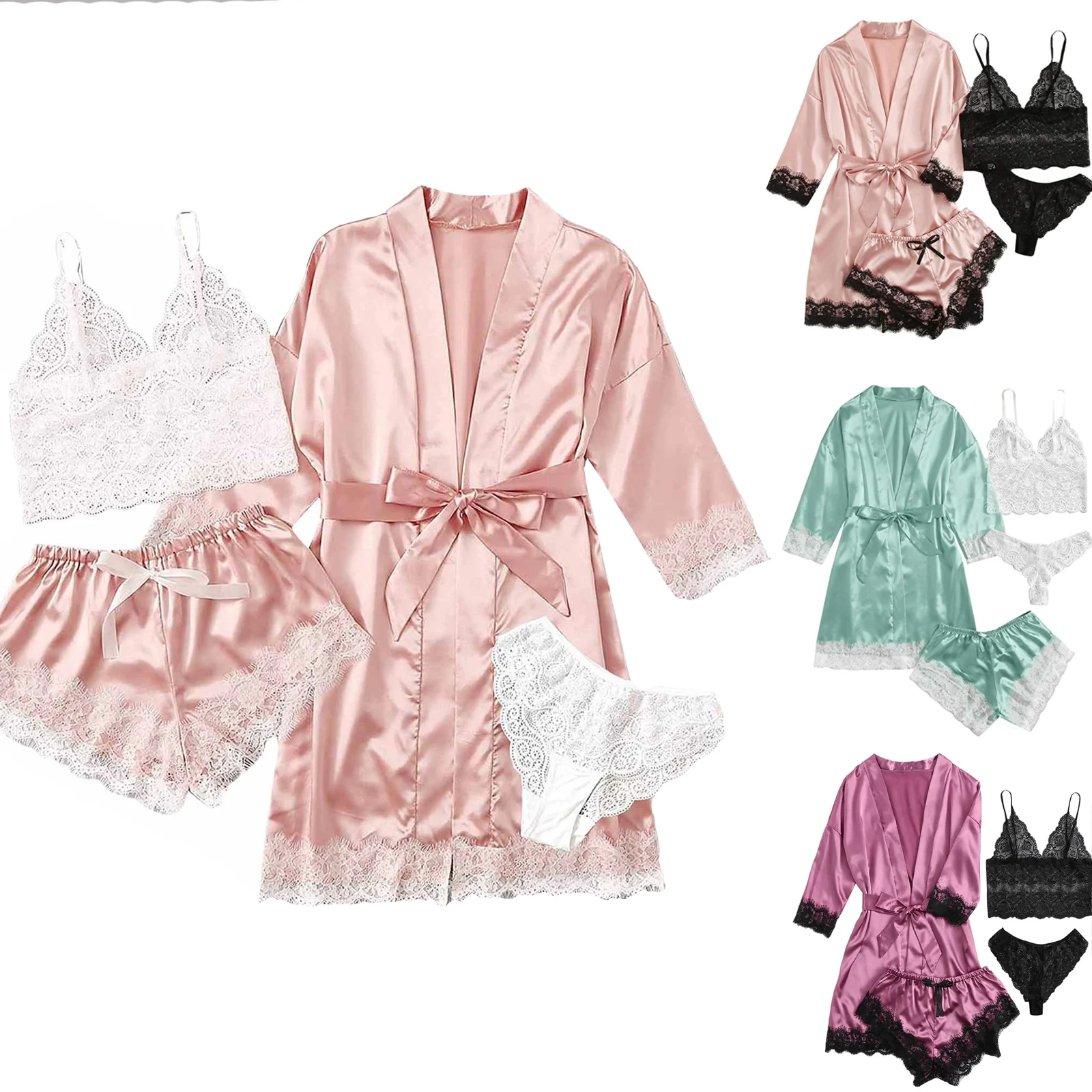 Wholesale 4Pcs Spaghetti Strap See Through Lingerie Pyjamas Women Silk Satin Pajama Set Ladies Sexy Cami Sleepwear With Robe