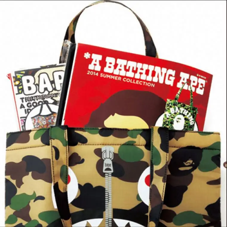 INS Hot BAPE Bags Camouflage Shark Red Eyes Black Teeth Print Simulated Zipper Tote Bags Trendy Shoulder Couple Bags