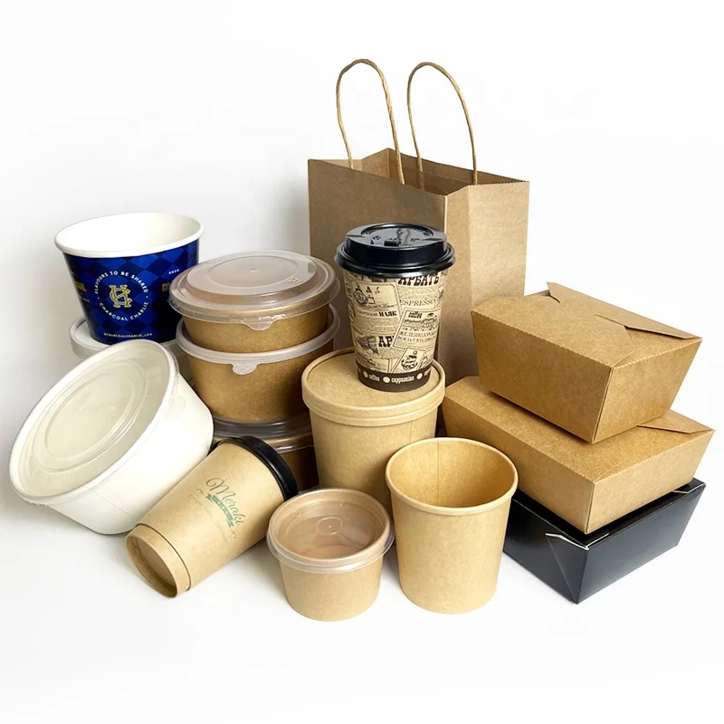 Microwave use Eco Friendly Disposable Brown Thickening Round Tube Hot Soup Noodle Storage Paper Bowl SoupCup With Lid