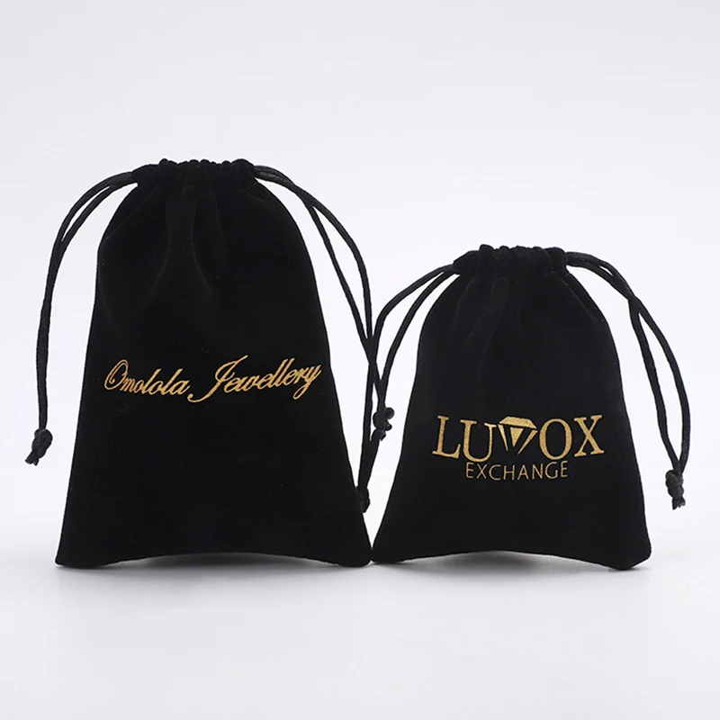 Wholesale  Luxury Black small big  jewelry dust Drawstring Bag With Gold Print packaging Velvet pouch