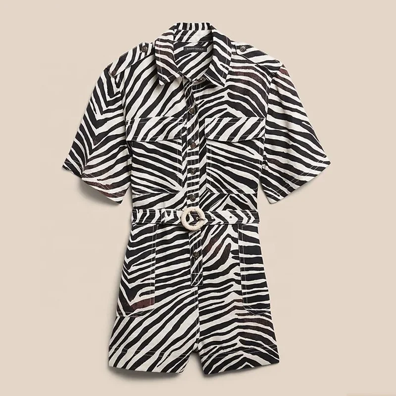 Summer women short sleeve removable belt large pockets straight leg Loose Zebra print linen short jumpsuit set