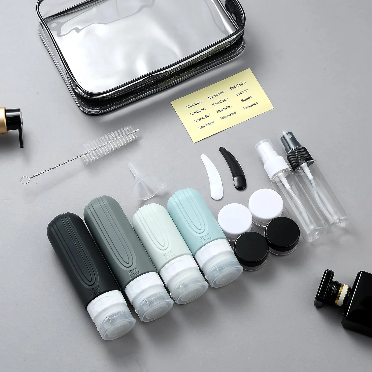 Leak Proof 16 Refillable Toiletry Containers Travel Bottle Set ,Squeeze Shampoo Lotion Tube  Silicone Travel Kits for Toiletries