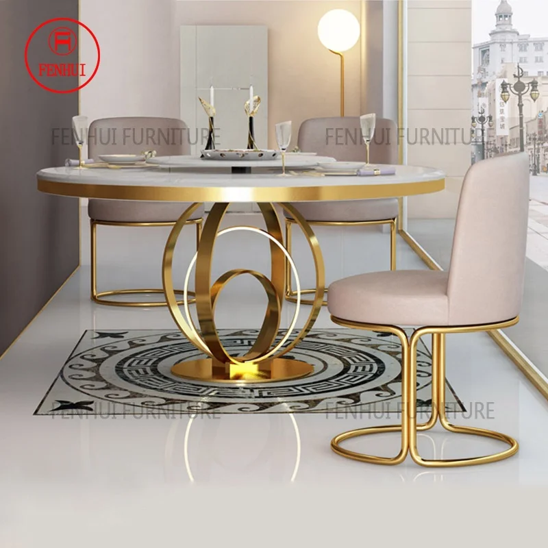 Top grade stainless steel gold base circular antique dining table with 4 chairs
