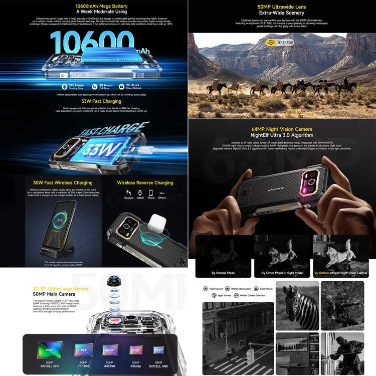 Ulefone Armor 27 прочный телефон 12 ГБ + 256 ночного видения 10600 мАч 6 78 дюймов Android 14 MediaTek Helio G99 Octa Core Сеть: 4G