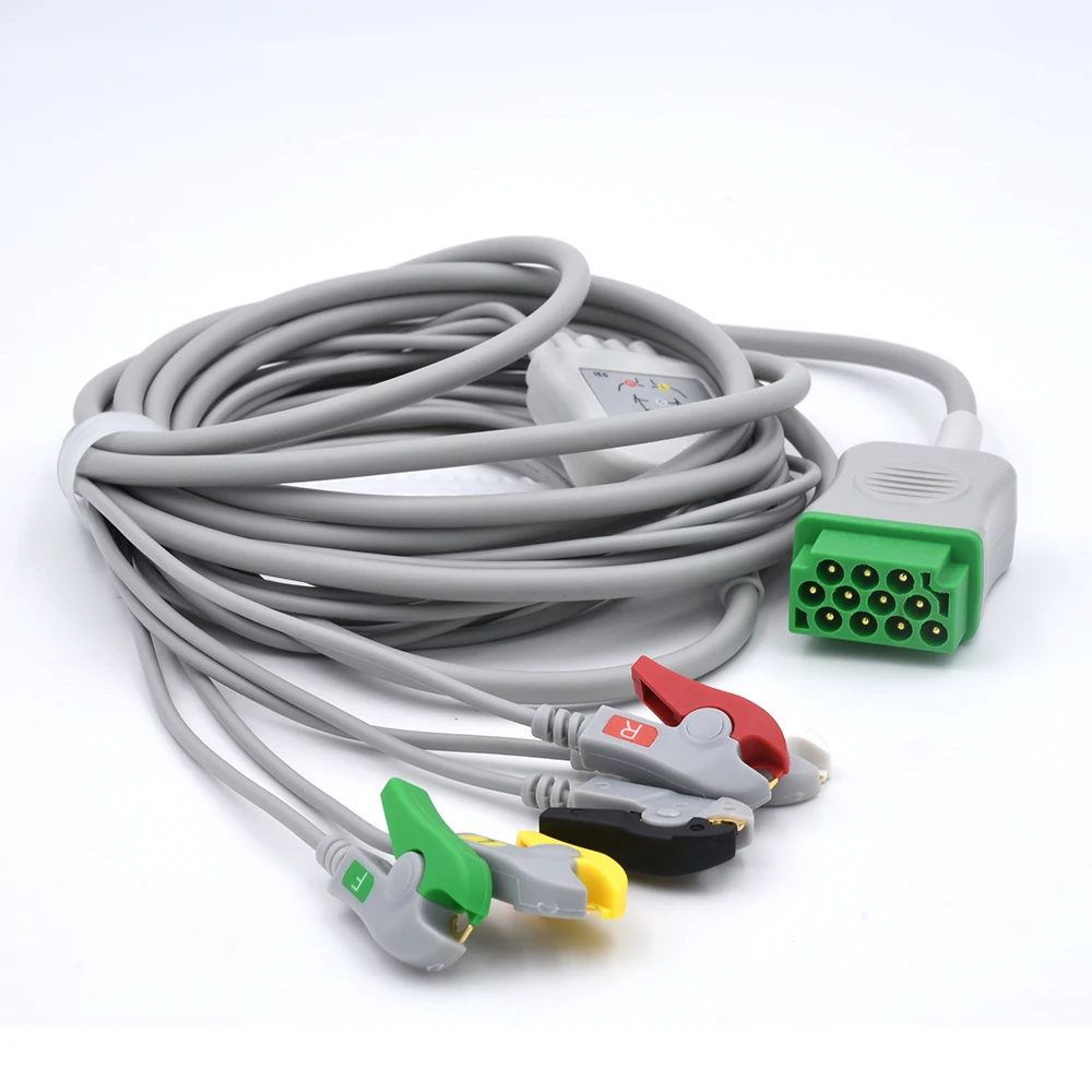 Compatible for GE Healthcare Solar 3000/Vivid e9 one piece 5-lead ECG cable clip IEC AHA Direct-connect  ECG cable