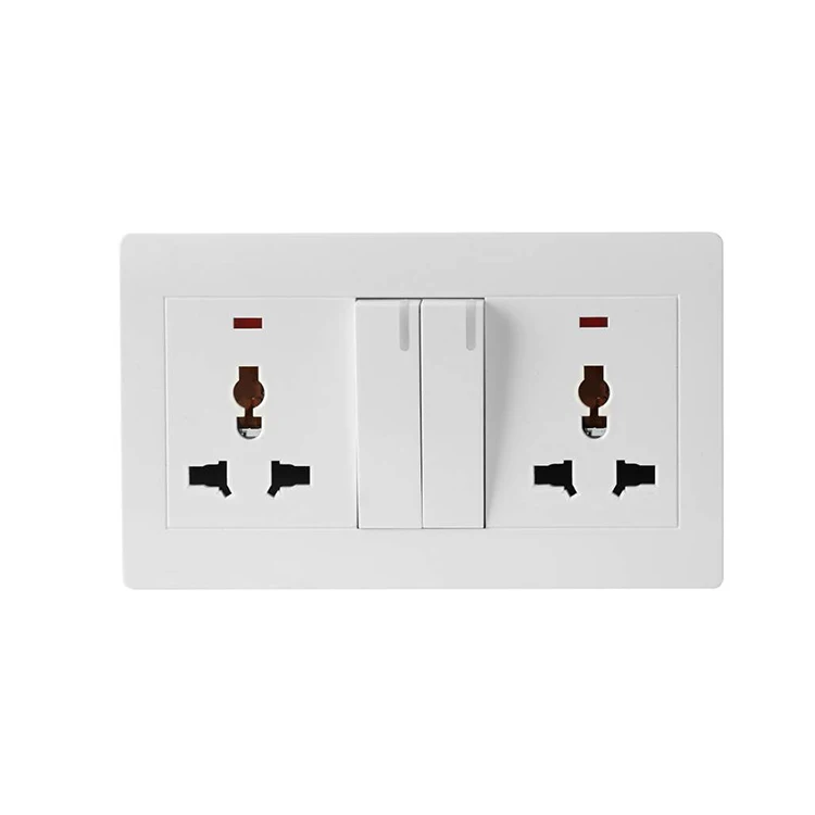 Household Appliances White 250 V Double Socket And 2 Gang Universal Electric Switch With Red indicator light