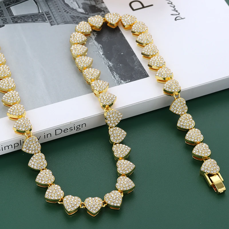 Wholesale Necklace Jewelry Cuban Chain - Full Diamond Peach Heart Chain Hip Hop Cuban Style for Men and Women