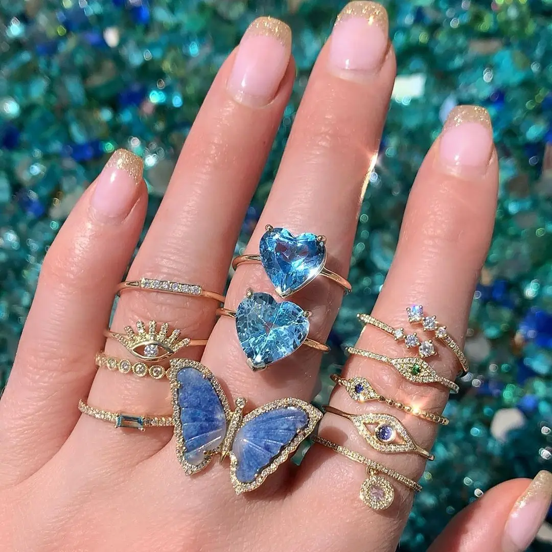 Barlaycs Fashion Cute Zircon Heart/Snake/Moon and Star/Chain Zodiac Openings Ring Set for Women Wedding Party Jewelry