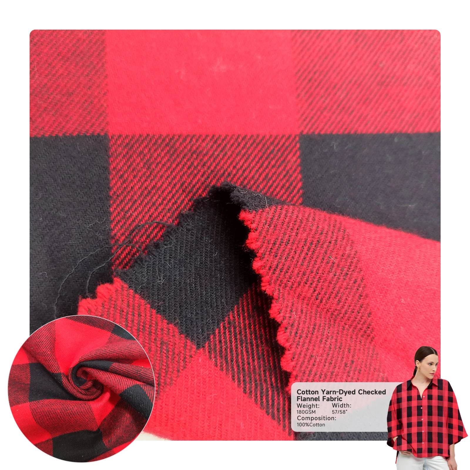 Red black checkered 180g heavy pure cotton shirt jacket fabric  casual coat  sleepcoat  pajamas fabric