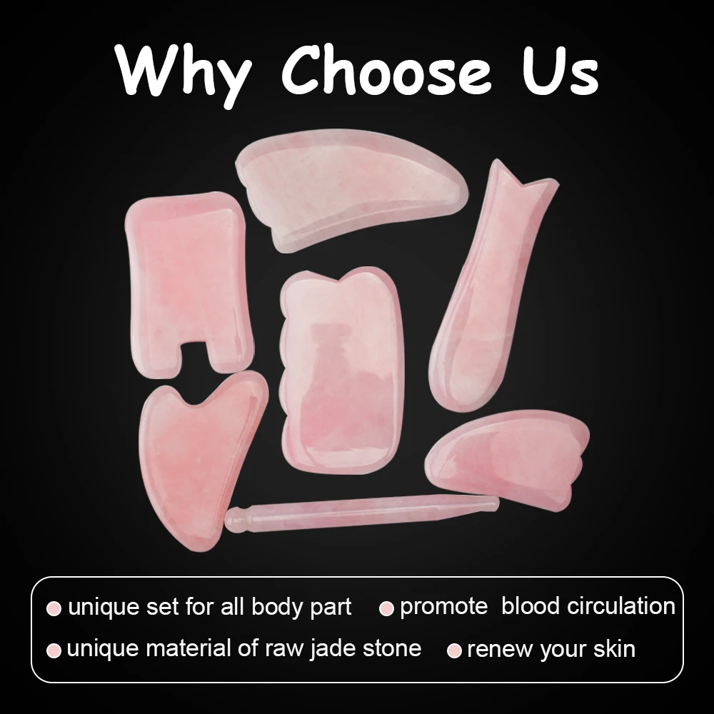 High quality 100% Jade Body Massage Gua sha Rose Quartz Facial Massage Pink Stone Crystal Rose Quartz Guasha Set
