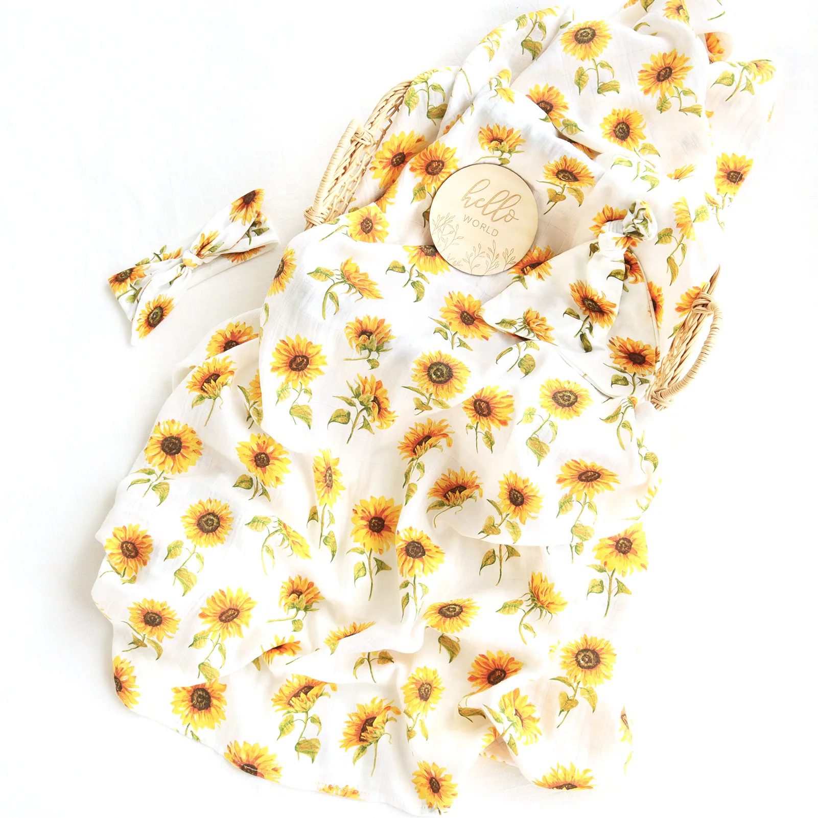Sunflower Prints 2 Layers Super Soft Organic Cotton Receiving Wrap Bamboo Newborn Baby Muslin Swaddle 4pcs Set Blanket