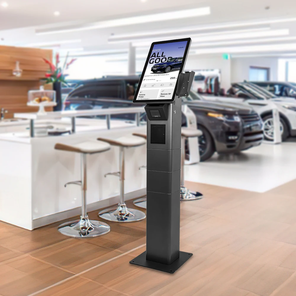 Custom led light hd display screen 21.5/23.6' colomn kiosk with scanner nfc,rfid,ID card reader order and pay kiosk