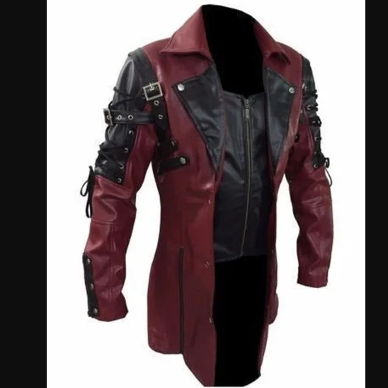 Mens Punk Leather Jacket Button Drawstring Long PU Leather Jacket Plus Size Moto Biker Leather Jacket 5XL