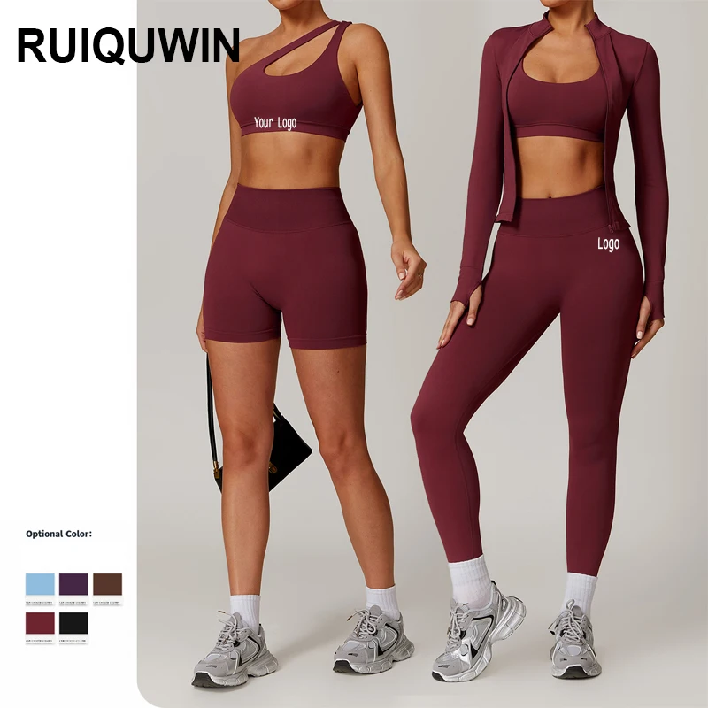 RUIQUWIN Wholesale Yoga Sets Workout High Elastic Full Zip Up Yoga Gym Fitness Long Sleeve Workout Sets For Women