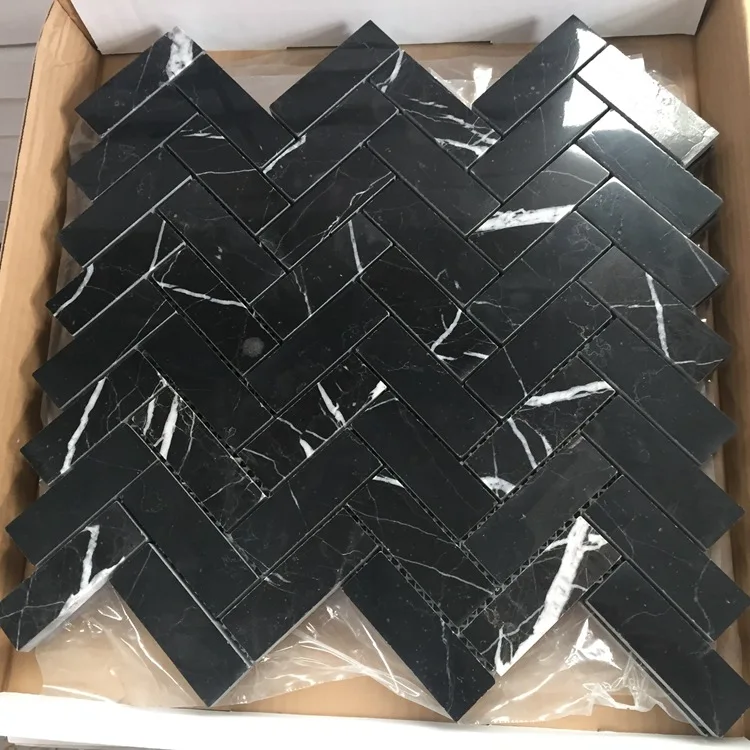 Modern China Black Marquina marble Herringbone shape mosaic tiles for floor and wall