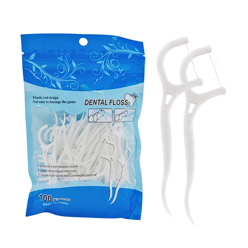 high quality low price teeth cleaner 100pcs per bag portable dental floss plastic toothpick with long handle
