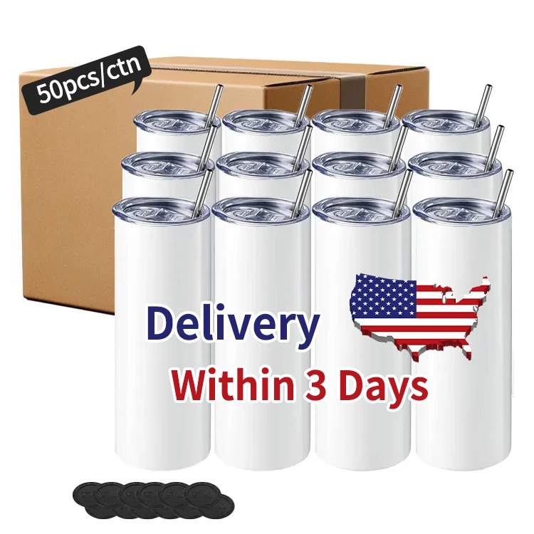 USA warehouse Double Wall Stainless Steel Sublim Blanks Travel Mug 20oz 20 oz Sublimation Skinny Straight Tumbler With Straw