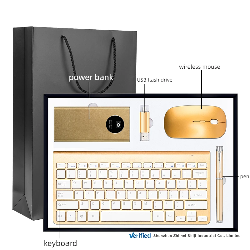 Hot sale new product ideas keyboard with wireless mouse power bank USB flash drive business gift set