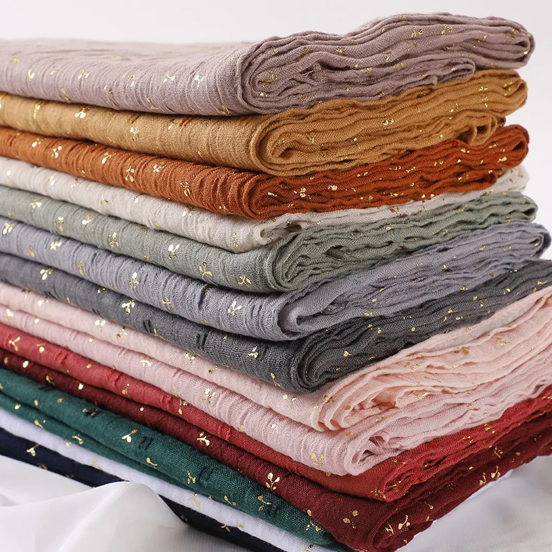 Malaysia Muslim Women Gold Foil Wrap Hijab Ladies Cotton and Linen Shining Bronzing Printing Scarf