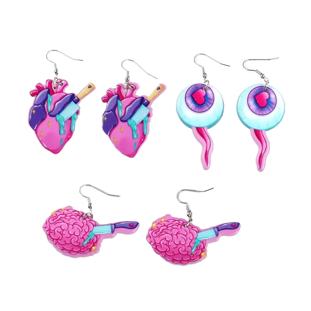 Wholesale Fashion Jewelry Exaggerated Halloween Colorful Printed Pink Eye Bead Brain Knife Heart Horror Drop Earrings Acrylic