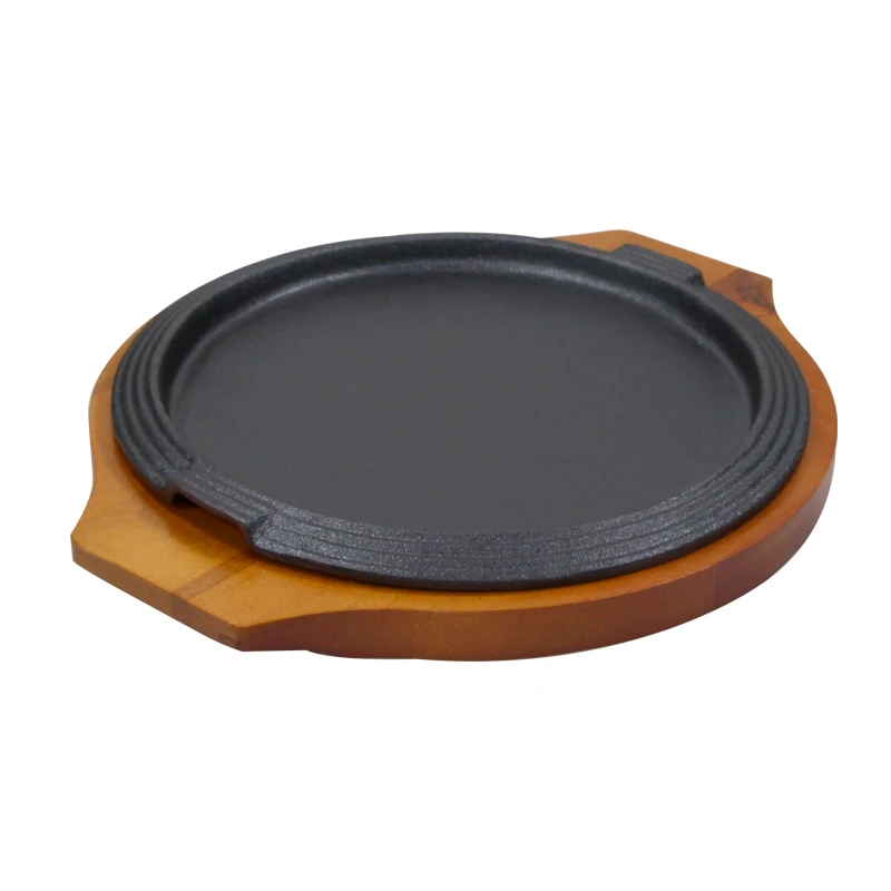 Preseasoned diameter 19.5cm round cast iron sizzling pan functional frying skillet pan sizzler cooking plate with wookden base