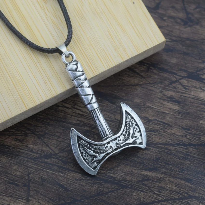 Vintage Scandinavian Odin Loki Amulet Jewelry Viking Raven Crow Axe Necklace