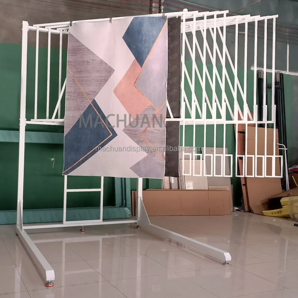 Heavy duty metal free standing large fabric carpet samples hanging rug display rack stand for showroom