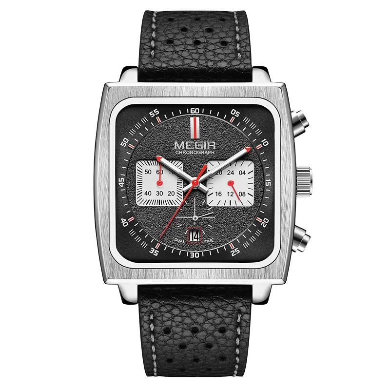 2024 Fashion Square Case 52MM Large Size Leather Stainless Steel Chronograph Quartz Watch For Men