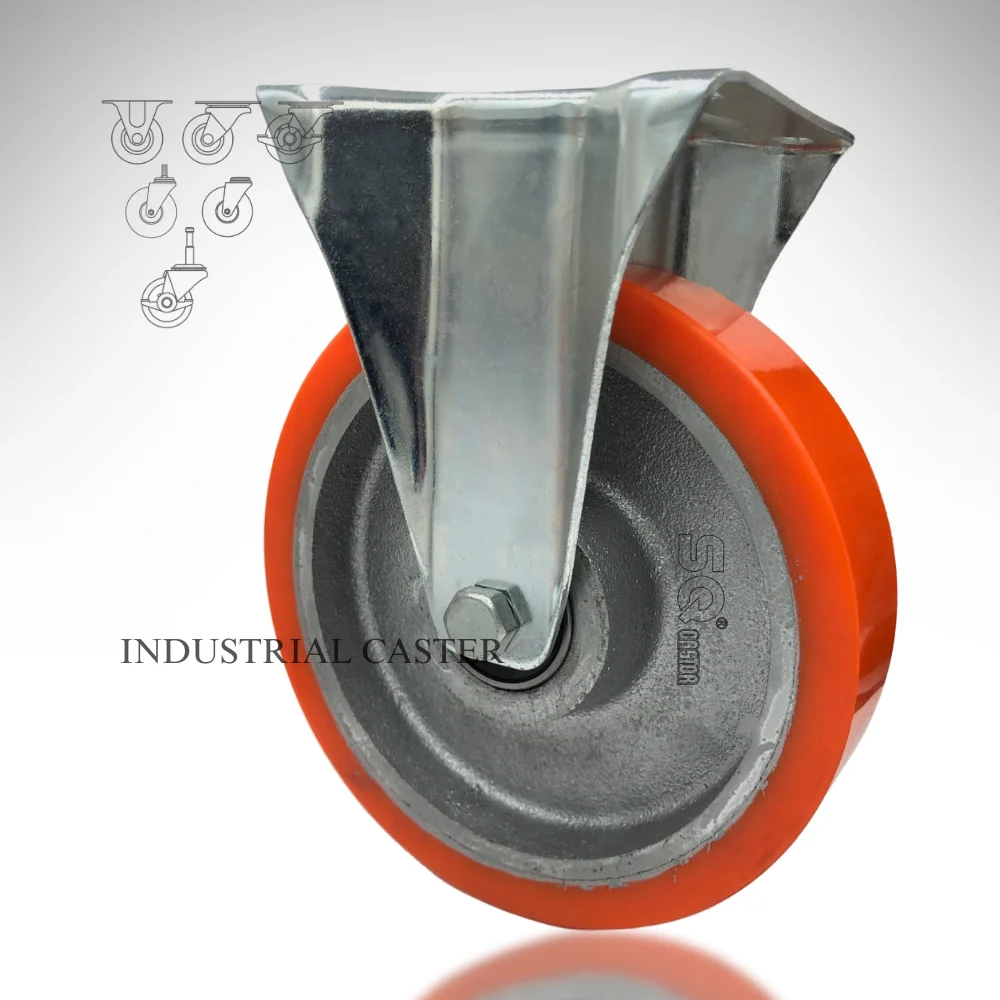 SQ castor  OEM   Industrial Cast Iron PU Castor Wheel Caster  Swivel Top Plate Polyurethane Wheel Ball Bearings Rigid Brake