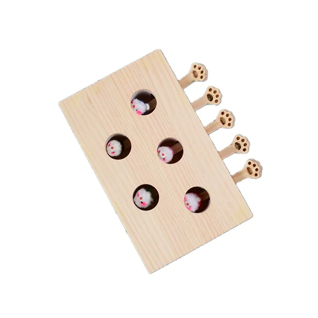 Solid Wood Cat Toy Whac-a-mole Pet Puzzle Interactive Toy (Five Holes)