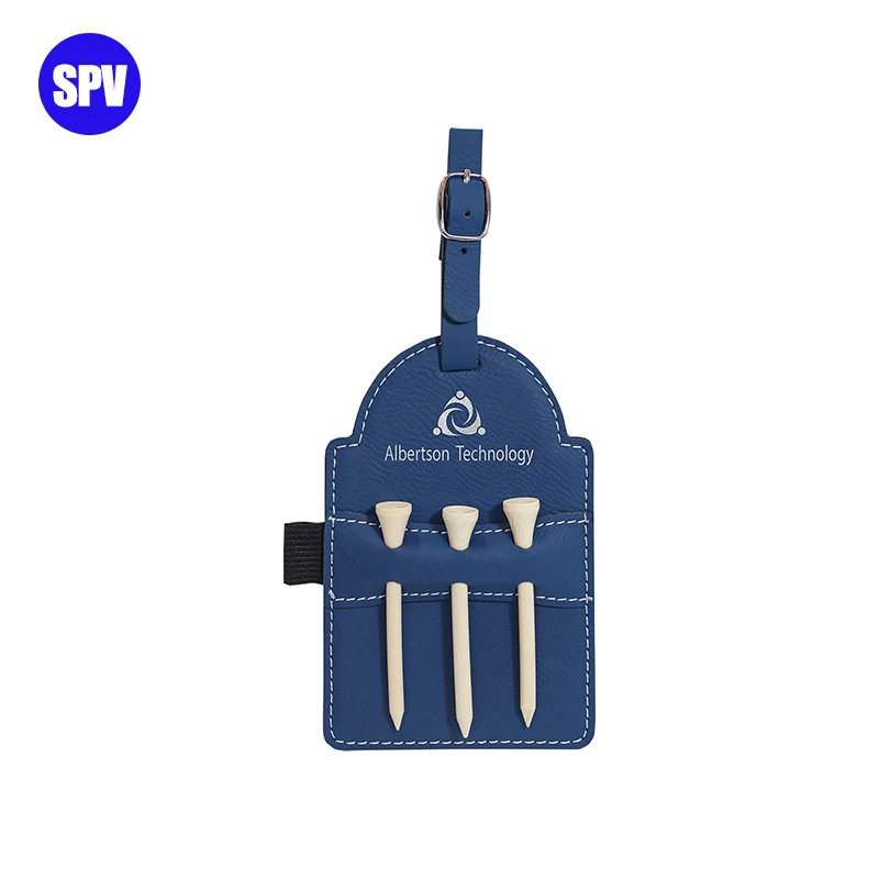 Blue/silver Laser Blanks, Leatherette Laserable Golf Bag Tag with 3 Wooden Tees